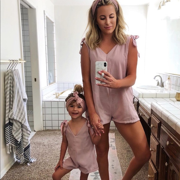 little mia bella Pants - Mommy and mini matching pale pink rompers.
